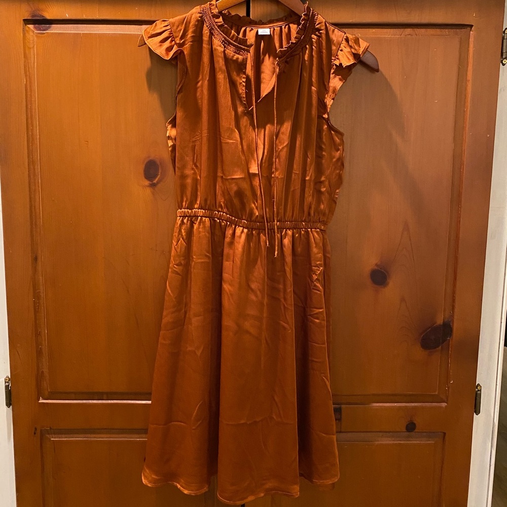 Bronzed, ruffled sleeve dress